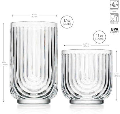 Glaver's 16-Piece Drinking Glass Set, Art Deco Ribbed Arch Design, Clear U-Shape Glassware, 17oz Highball and 11oz DOF Glasses - style: Clear S/16 17oz 11oz