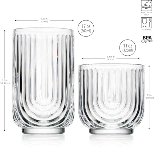 Glaver's 16-Piece Drinking Glass Set, Art Deco Ribbed Arch Design, Clear U-Shape Glassware, 17oz Highball and 11oz DOF Glasses - style: Clear S/16 17oz 11oz
