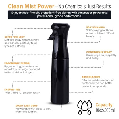 VIGOR PATH Continuous Spray Bottle for Hair – Fine Mist Mister for Hairstyling, Cleaning, Plants, Pets, Barbers, Salons, and Essential Oil Applications (300ml/10.1 oz) Black - color: Black - 10oz