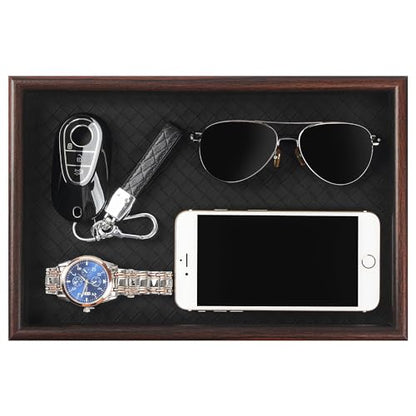 Wooden Valet Tray with Leather Base - Nightstand Catchall Organizer for Cologne, Perfume, Keys, Wallet, Phone, Watch, Jewelry & Sunglasses (Black) - color: Black