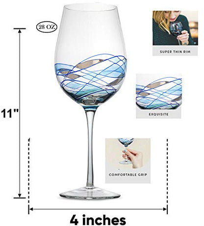 Bezrat Red Wine Glasses Set of 2, Hand Painted Wine Glass, Drinkware Essentials, 11" H, 28oz Wine Lover Large Glass, Glassware Gifts Ideas for Women Inspired by 'Duomo di Milano' Mothers Day (Blue) - color: Blue, size: 28 ounces