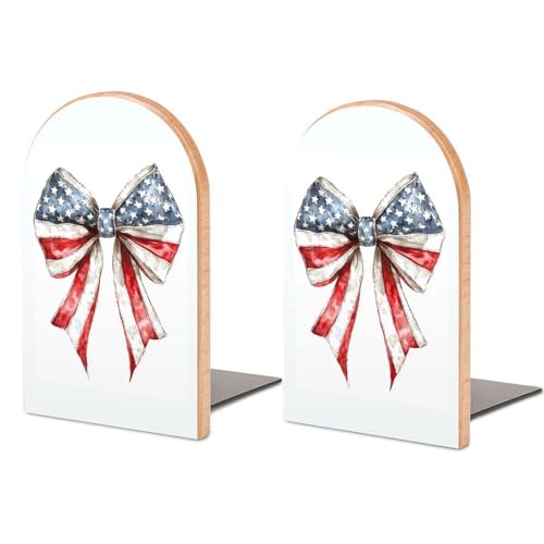 Vintage American Flag Bow Wooden Bookends Shelves 2 PCS Watercolor Sturdy Book Holders Desktop Organizer for Home Office Libraries - color: Color
