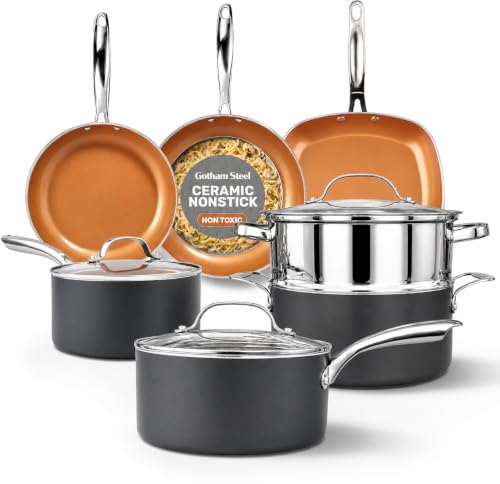 Gotham Steel 12 Pc Ceramic Cookware Set Nonstick, Ceramic Pots and Pans Set Non Stick with Steamer for Cooking, Non Toxic PFOA PFOS Free, Ergonomic Stay Cool Handles, Oven & Dishwasher Safe, Copper | Non Toxic PFOA/PFOS/PTFE Free Ceramic & Titanium Coatin