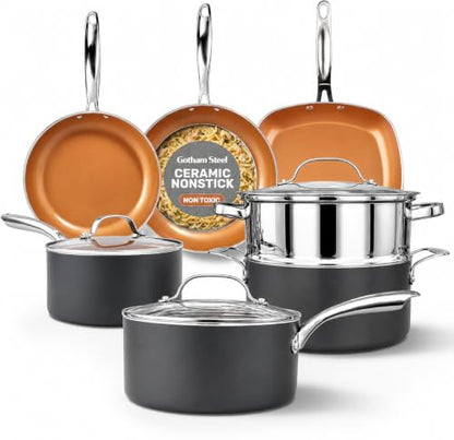 Gotham Steel 12 Pc Ceramic Cookware Set Nonstick, Ceramic Pots and Pans Set Non Stick with Steamer for Cooking, Non Toxic PFOA PFOS Free, Ergonomic Stay Cool Handles, Oven & Dishwasher Safe, Copper | Non Toxic PFOA/PFOS/PTFE Free Ceramic & Titanium Coatin