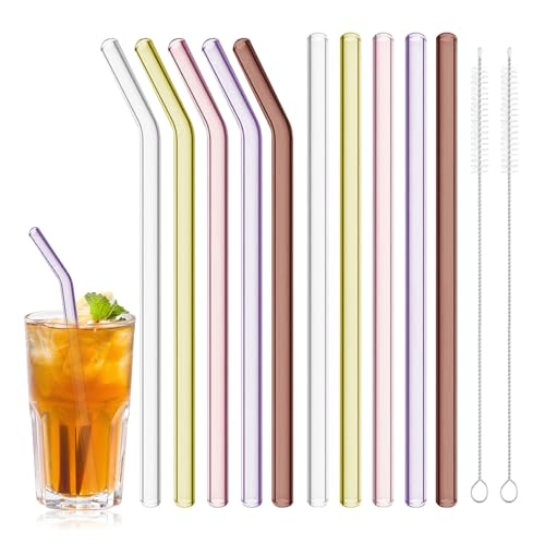 12 Pack Reusable Glass Straws Set, 7.9” x 8 mm Colored Glass Straws | Includes 5 Straight & 5 Bent Glass Straw with 2 Cleaning Brush, Reusable Drinking Straw for Beverages, Coffee, Milk - color: Colorful - B - Straight+Bent