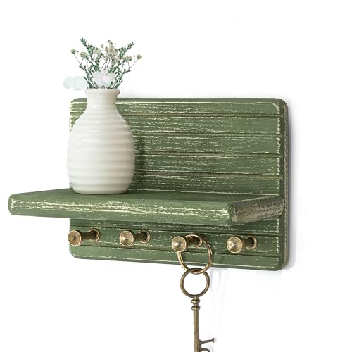 Rebee Vision Small Key Holder Wall Mount with Shelf for Room Decor, Green | Pine Wood, 4 Key Hooks, Key Holder for Wall, Wooden Shelf, Room Decor Accent, Versatile Storage for Any Room - color: Green, size: Small-7inch