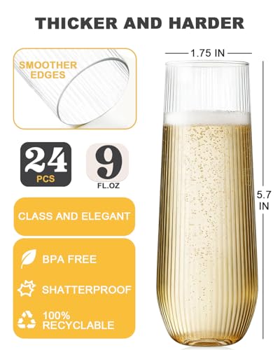 24 Pack Plastic Champagne Flutes, 9 Oz Disposable Wine Mimosa Glasses | Ribbed Stemless Champagne Flutes Cocktail Glasses, Plastic Cups for Bridal Shower Bachelorette Party Mimosa Bar - color: Ripple-24 Pack