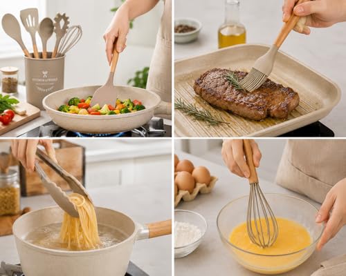 Caboh Silicone Kitchen Utensil Set 12 PCS – Heat Resistant Cooking Tools with Spatula, Serving Spoon, Tongs, Whisk & Holder, Nonstick Safe BPA-Free Kitchen Accessories Set (Khaki) - color: Khaki