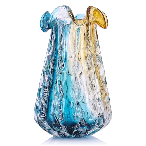 14.6" Tall Large Clear Glass Vase Wide Mouth, Pretty Hand Blown Glass Vase for Bouquet, Unique Teal and Amber Sea Vases for Modern High End Living Room, Office, Dining Table Centerpieces - size: Large