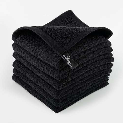 Kitchen Cleaning Dish Wash Cloths Waffle Terry Design Kitchen DishCloths|Washable 12x12 Cotton Dish Rags for Drying Dishes|Counter Top Barista Dust Wipes|Spring Easter Basket Decor| 6 Pc Set-Black - color: Black