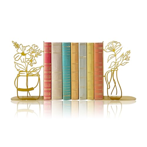 Metal Flower Vase Book Ends, Cute Book Ends for Office Home Decor | Decorative Book Ends for Shelves, Ideal Gift for Book Lovers(Gold) - color: Gold