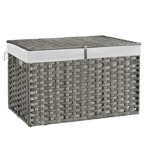 180L Wicker Storage Basket with Lid, Handwoven Rattan Large Shelf Basket with Removable Liner, 47.6 Gallon Wicker Basket for Blanket, Storage Trunk with Handle for Closet, Bedroom, Livingroom, Grey - color: Grey