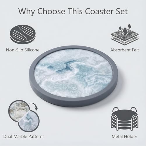 Absorbent Coasters for Drinks with Holder - 6packs, Silicone Coaster with Soft Felt Insert (4.3 inch Coasters with 4.5 inch Holder, Marble Style) - color: Marble Style