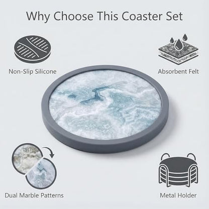 Absorbent Coasters for Drinks with Holder - 6packs, Silicone Coaster with Soft Felt Insert (4.3 inch Coasters with 4.5 inch Holder, Marble Style) - color: Marble Style