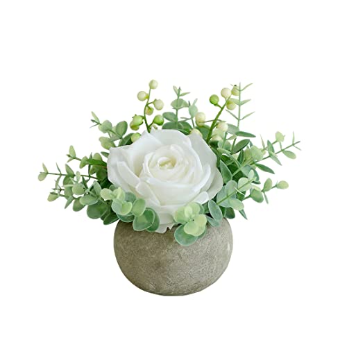 Small Artificial White Rose Potted Plant, 6" Fake Silk Flowers in 3.5" Round Pot, Mini Faux Floral Arrangement for Desk Shelf Bathroom Decor - color: White