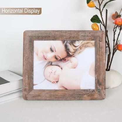 8x10 Picture Frames Set, Set of 4 Wooden Picture Frames Real Tempered Glass and Composite Wooden Rustic Rounded Corners Photo Display for Tabletop Wall Mount (Brown) | Rounded Corner Barn Wood Frame, Kid-Safe Tempered Glass, Wall Mount & Tabletop Vertical