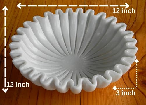 White Marble Ruffle Bowl – Handcrafted Decorative Scalloped Edge Marble Bowls – Fluted Stone Centerpiece for Table, Kitchen, Entryway – 12 Inch Natural Stone - size: 12 inches