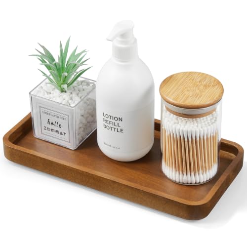 ALELION 10" Acacia Wood Bathroom Vanity Tray for Counter, Wooden Soap Dispenser Tray for Kitchen, Toilet Tank Tray, Perfume Makeup Jewelry Catchall Organizer - color: Acacia, size: 10" x 5" x 0.7"