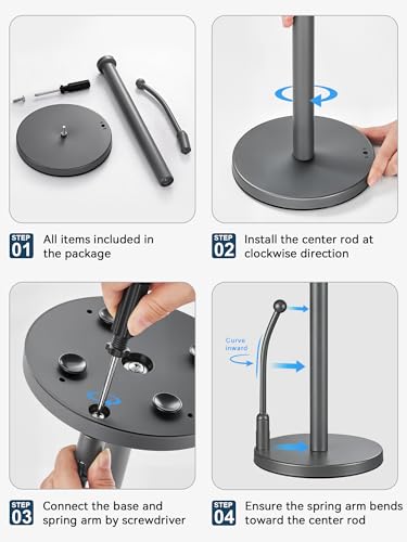 SMARTAKE Paper Towel Holder Countertop, Non-Slip Weighted Base, Gray | Freestanding Kitchen Roll Dispenser, Rustproof Stainless Steel, Spring Arm for Easy Tear, Widden Top, with 4 Suction Cups - color: 04-metallic Gray