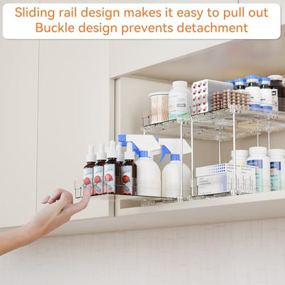 4 Set Bathroom Organizers and Storage,2 Tier Clear Under Sink Organizer and Medicine Cabinet Organizer for Kitchen,Pantry Storage,Pull Out Drawers for Skincare,Pill Bottle,Spice Organization