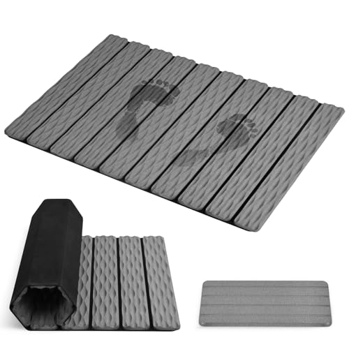 Foldable Stone Bath Mat, 2 Pcs Fast Drying Diatomaceous Earth Stone Drying Mat with Grooves on Surface, Non-Slip Rubber Base, Easy to Store and Clean (Grey, 24"x 16" & 8"x 4") - color: Gray（groove）, size: 24" x 16"