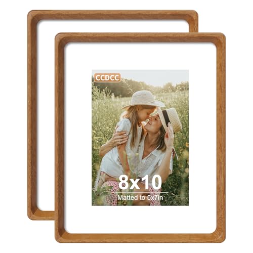 8x10 Picture Frame Set of 2, Natural Teak Wood Solid Wood 8 by 10 Photo Frames with 5x7 Mat with Real Glass for Wall and Tabletop Display - color: Natural Teak, size: 8x10-2Pack