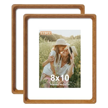 8x10 Picture Frame Set of 2, Natural Teak Wood Solid Wood 8 by 10 Photo Frames with 5x7 Mat with Real Glass for Wall and Tabletop Display - color: Natural Teak, size: 8x10-2Pack