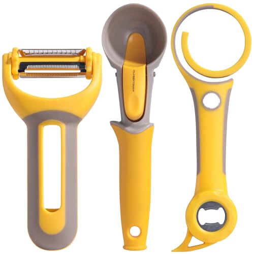 Oneleaf 3-in-1 Kitchen Tool Set, Bottle Opener, Ice Cream Scoop, Vegetable Peeler, Non-Slip Silicone Handle, Stainless Steel Blade, for Home, Camping, Travel, Easy Grip & Effortless Use