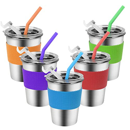 Yummy Sam Stainless Steel Cups with Silicone Straws & Lids,12oz Kids Tumblers Dishwasher Safe, Unbreakable Metal Toddler Cups with for Cold and Hot Drinks, Spill-proof, 5 Pack - color: 12oz with Silicone Straws, 5PCS