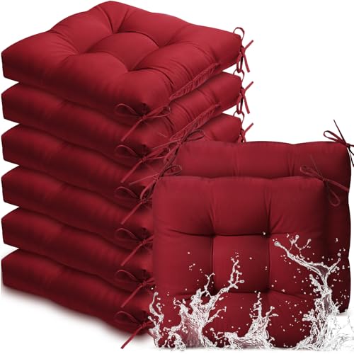 Vercraft 8 Pcs Chair Cushions 18x18 Inch Water Resistant Tufted,Burgundy | For Wicker Furniture, Square Design With Corner Ties, Dining Chairs, Floor Pillows, Indoor Outdoor Use, Easy To Secure - color: Burgundy