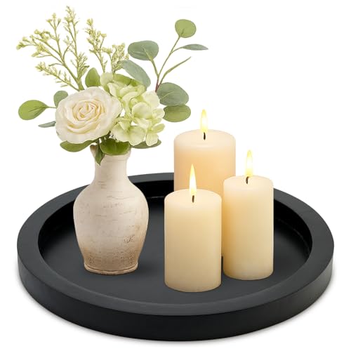 Black Round Wood Decorative Tray for Coffee Dining Table Centerpiece Decor | Small Wooden Serving Trays Farmhouse Kitchen Island Living Room Decor Candle Plates Holder Bathroom Counter Tray Accessories - color: Black, size: 11"