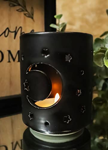 Ebros Gift Wicca Triple Goddess Witchcraft Mystical Moon and Stars Matte Black Ceramic Cutout Votive Tea Light Candle Holder Figurine Ossuary Macabre Psychic Halloween Decor Sculpture