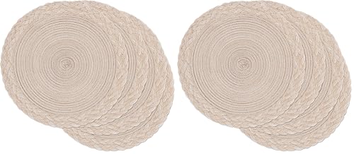 SHACOS Round Placemats Set of 4 Boho Braided Border 15 inch Circle Place Mats Washable Fabric Table Mats for Kitchen Dining Table, Beige (Pack of 2) - color: Beige, size: 4 pieces (Pack of 2)