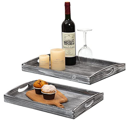 Farmhouse Rustic Wood Nesting Dinning Breakfast Serving Trays with Wood Handles, Set of 3,Can Put Food, Fruit, Plates｜Ottoman Decorative Coffee Table Tray(WhiteGrayish) - color: Whitegrayish