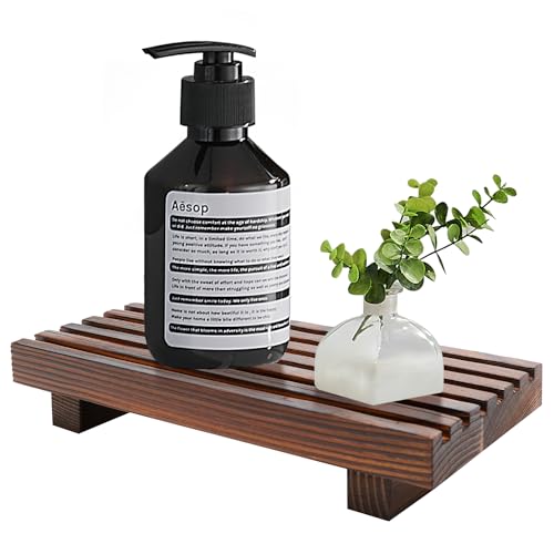 Kitchen Sink Tray for Bathroom Counter Decorative Wooden Riser Soap Holder | Small Dish Soap Dispenser for Bathroom Decor Farmhouse Kitchen Accessories Wood Pedestal Stand Countertop Sponge Vanity Trays - color: Brown, size: 8.7x4 inch