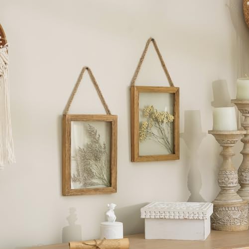NIKKY HOME Dried Flowers Grass Wall Art Set of 2 Natural Plant Artwork with Clear Glass Display Frame and Jute Rope Gallery Wall Decor Living Room Decor