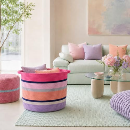 Pink Large Blanket Basket with Handles, 55 L Woven Rope Toy Basket, Foldable Storage Bin for Blankets, Toys & Laundry, stuffy storage for Bedroom & Playroom&Living room (17.7"D * 13.8"H) - size: 17.7"D * 13.8"H