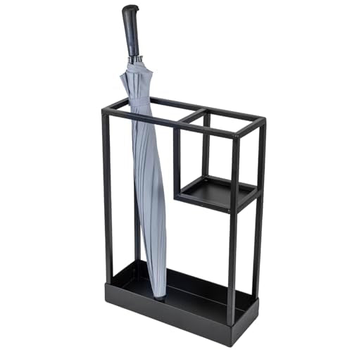 MyGift Modern Black Metal Entryway Umbrella Rack with Geometric Design, 13 x 5-inch Wide Rectangular Freestanding Cane Umbrella Holder with Shelf for Small Umbrellas and Bottom Drip Catch Tray - color: Black, size: 13.4″(Rectangle)