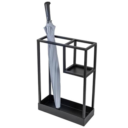 MyGift Modern Black Metal Entryway Umbrella Rack with Geometric Design, 13 x 5-inch Wide Rectangular Freestanding Cane Umbrella Holder with Shelf for Small Umbrellas and Bottom Drip Catch Tray - color: Black, size: 13.4″(Rectangle)
