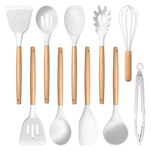 E-far Silicone Cooking Utensils Set, 446℉ Heat Resistant 10PCS Kitchen Utensils Set with Wooden Handle for Nonstick Cookware, Kitchen Tools Spatula Whisk Tongs Ladle, Non-toxic & Healthy, White - color: White, size: 10