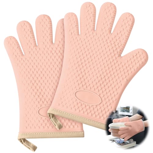 1 Pair Oven Mitts, Heat Resistant Protective Oven Gloves, Cotton Lined Silicone Kitchen Mitts Pair, Nonslip Silicone Cooking Gloves with Fingers (Light Pink) - color: Light Pink