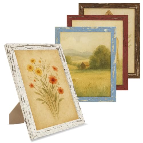8x10 Rustic Farmhouse Picture Frames with Vintage Prints, Set of 4 | Distressed MDF wood-look frames in assorted colors with acrylic fronts for gallery walls, shelves, desks, or tabletops - color: Multicolour 4, size: 8x10