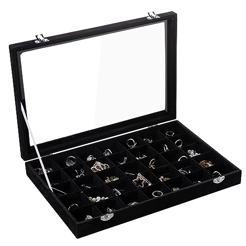 35 Grid Earring Organizer,Velvet Jewelry Tray with Clear Lid | Drawer Jewelry Organizer for Rings Studs Beads,Adjustable Dividers,Dustproof Design,Earring Storage,Trinket Box,13.8×9.5In - color: Black, size: 35 Grid
