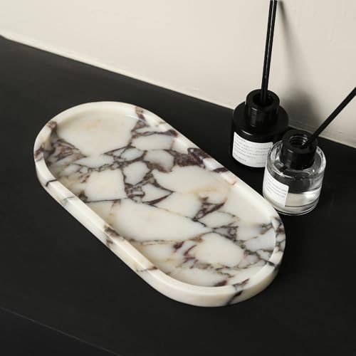 100% Natural Calaccata Viola Marble Tray, 10" x 5" Oval Tray | Luxury Calacatta Marble Vanity Tray, Small Hand Towel Tray Holder Organizer, Makeup Holder for Bathroom Kitchen Counter - color: Viola-oval-10"x5"x0.7"
