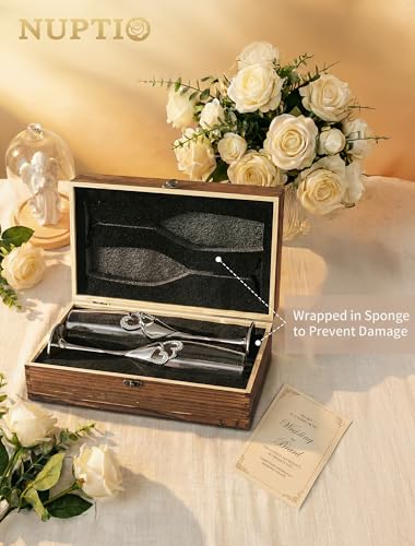 NUPTIO Crystal Champagne Flutes, Wedding Gifts for Couple, Silver, Set of 2 | Rhinestone Rimmed Heart Toasting Glasses with Wooden Gift Box for Engagement, Anniversary, Party, Bridal Showers, 6.76oz - color: Silver