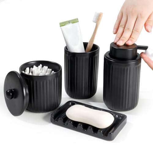 BosilunLife Striped Black Ceramic Bathroom Accessories Set of 4 | Bathroom Decor Sets Accessories Bathroom Foam Soap Dispenser and Toothbrush Holder Set, Soap Dish, Apothecary Jars.(Foam) - color: Black-foam