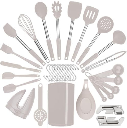 Silicone Kitchen Cooking Utensils Set with Stainless Steel Handle, Spatula Set Utensil Set, Cooking Utensil Set,Kitchen Tools Gadgets for Nonstick Cookware (35, Khaki) - color: Khaki