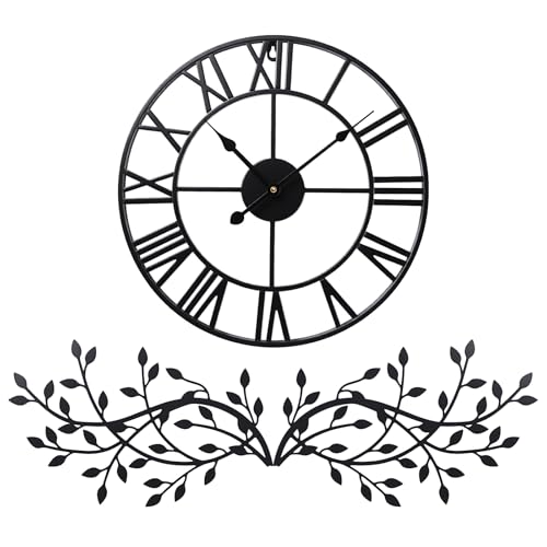 Otoolling 15.7 Inch Metal Wall Clock Metal Tree Leaf Wall Decor Silent Vine Olive Branch Leaf Art Clock for Home Bedroom Living Room Decorations