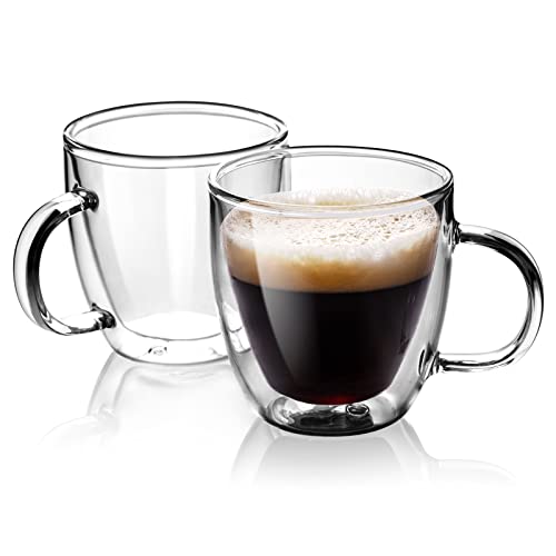 Double Wall Glass Coffee Mugs 5oz / 150ml, Set of 2 Insulated Mugs with Handles, Stylish Tazas de Cafe Con Estilo