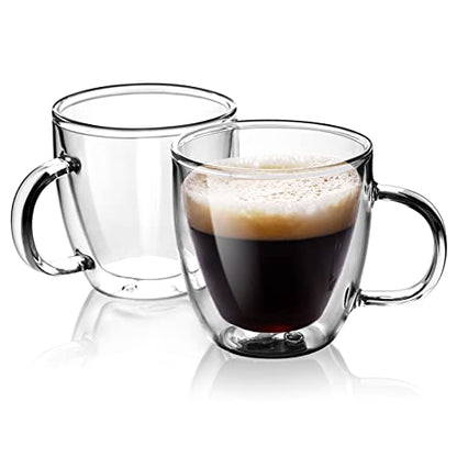 Double Wall Glass Coffee Mugs 5oz / 150ml, Set of 2 Insulated Mugs with Handles, Stylish Tazas de Cafe Con Estilo